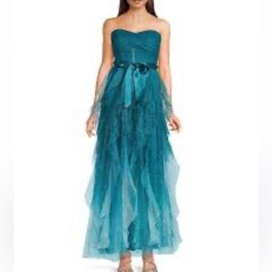 PEAR CULTURE Teal Ombre Ruffled GLITTER TULLE Strapless Gown: WOMEN SIZE 13/14